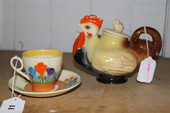 Doulton chicken teapot & Clarice Cliff cup and saucers